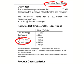 A section of a technical data sheet highlighting important information on the re-coat times of epoxy coatings.