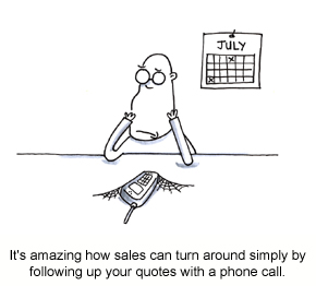 A cartoon of a contractor waiting by an inactive phone with cobwebs on it.