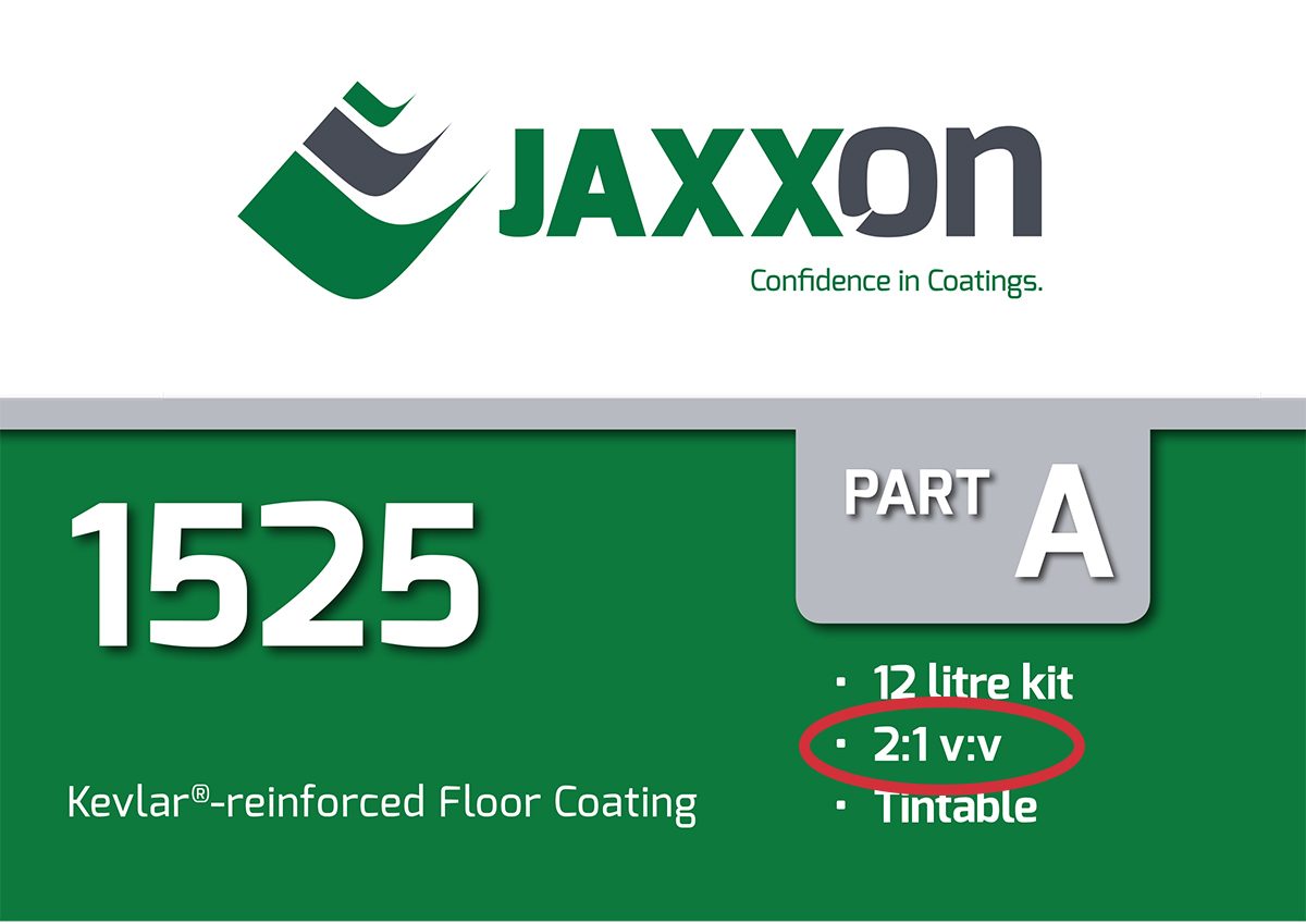The Jaxxon 1525 label showing the mix ratio of the epoxy flooring product to be a convenient 2:1 by volume.