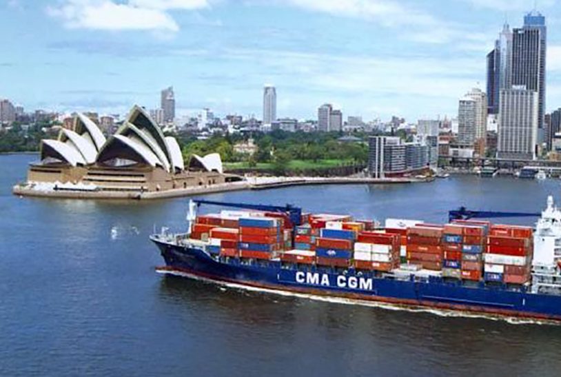A large cargo ship on Sydney harbour bringing epoxy flooring materials into Australia.