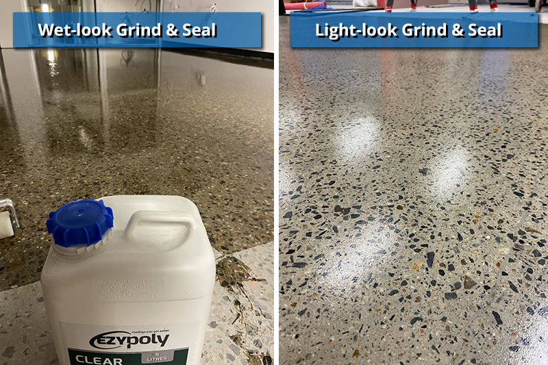 A composite image showing the two types of grind and seal floors - the wet look on the left and the light look on the right.