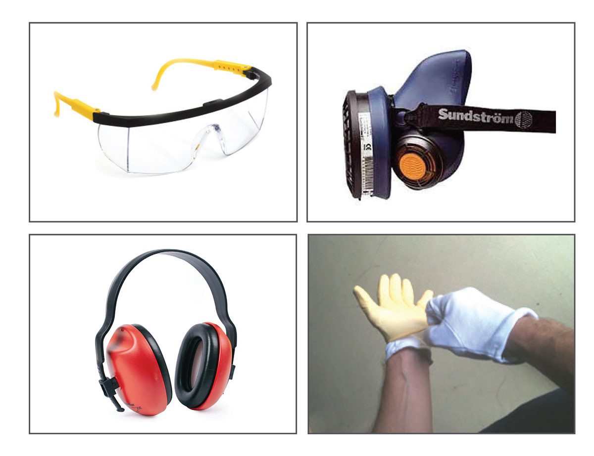 A collection of personal protective equipment that should be worn by installers when working with epoxy flooring.