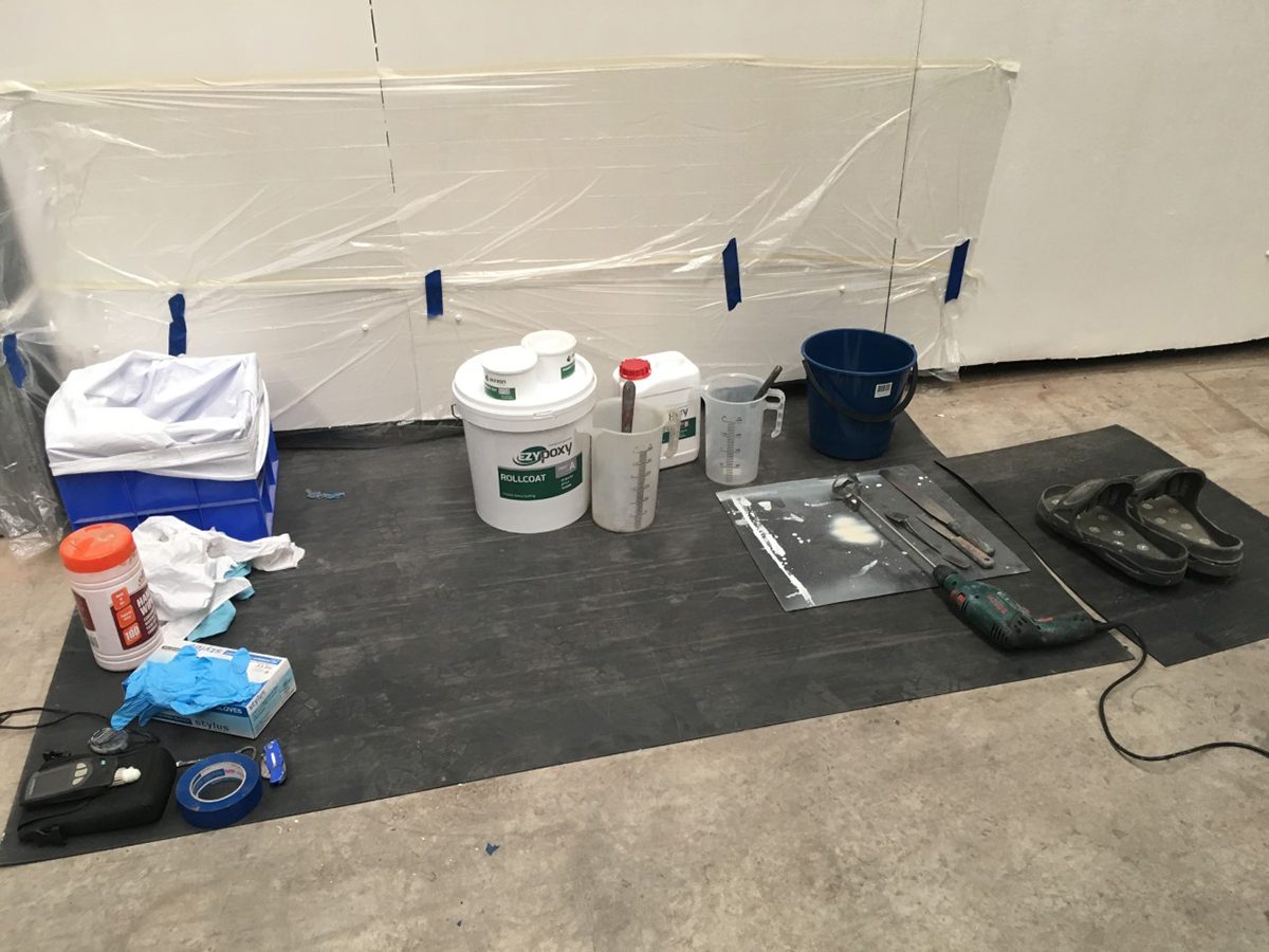 An example of a good mixing area set up to help mix epoxy flooring effectively.