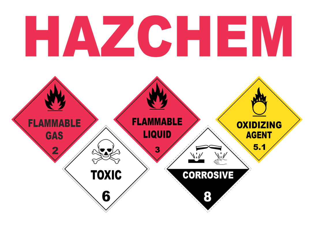 A collection of hazchem labels that are applicable to epoxy flooring, including corrosive, flammable and toxic.