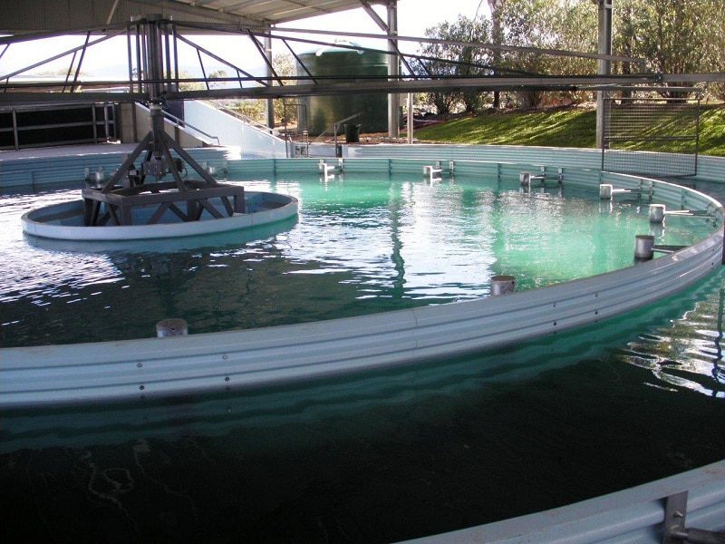 A large, open tank with water filled up to the top and a piece of machinery located in the centre.