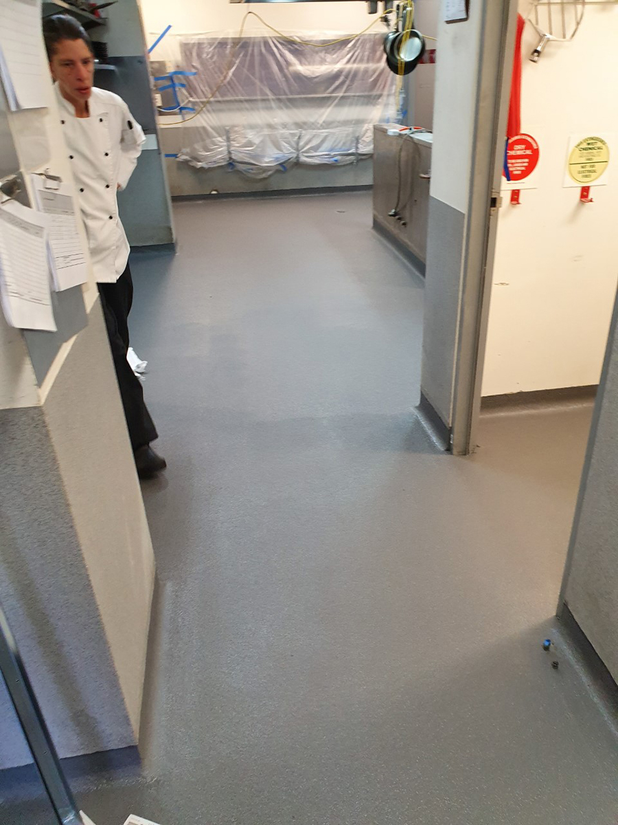 A commercial kitchen used Jaxxon industrial coatings for a durable non-slip flooring solution.
