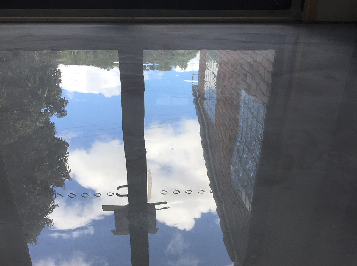 A low-angle shot of an iron grey metallic finish with glass doors reflecting off the floor.