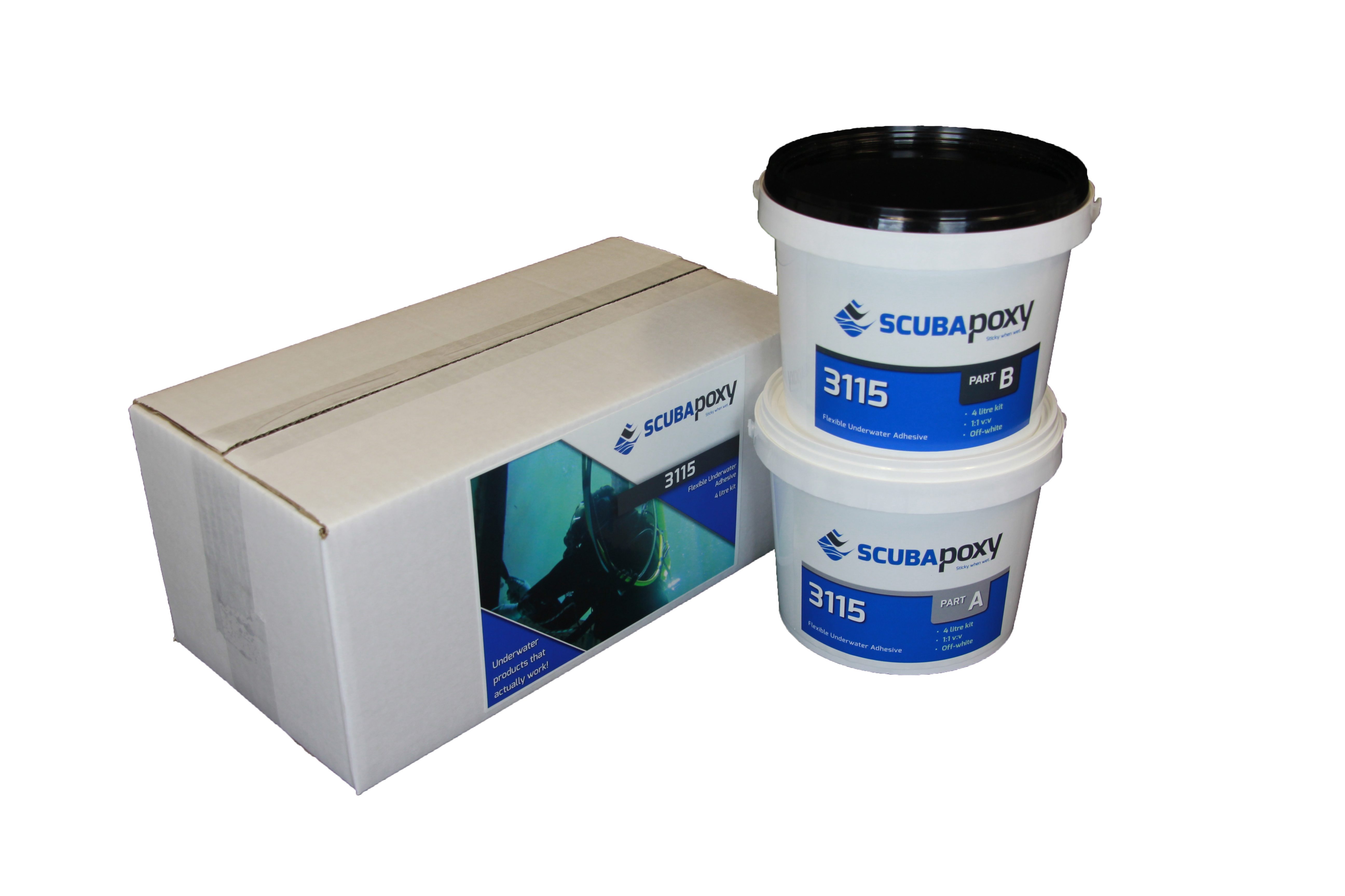 A 4 litre kit of Scubapoxy 3115 underwater-applied flexible adhesive.