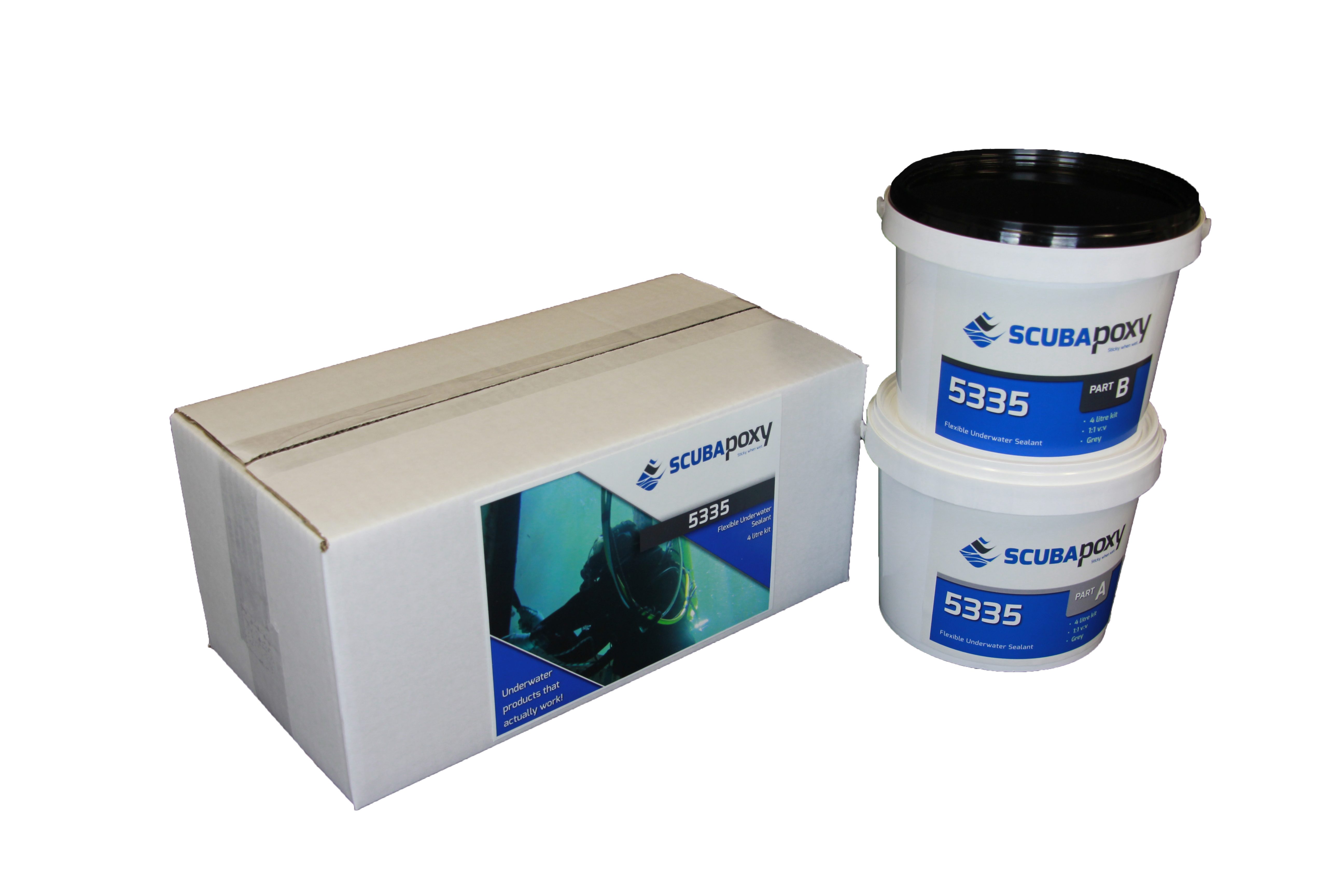 A 4 litre kit of Scubapoxy 5335 underwater-applied flexible sealant.