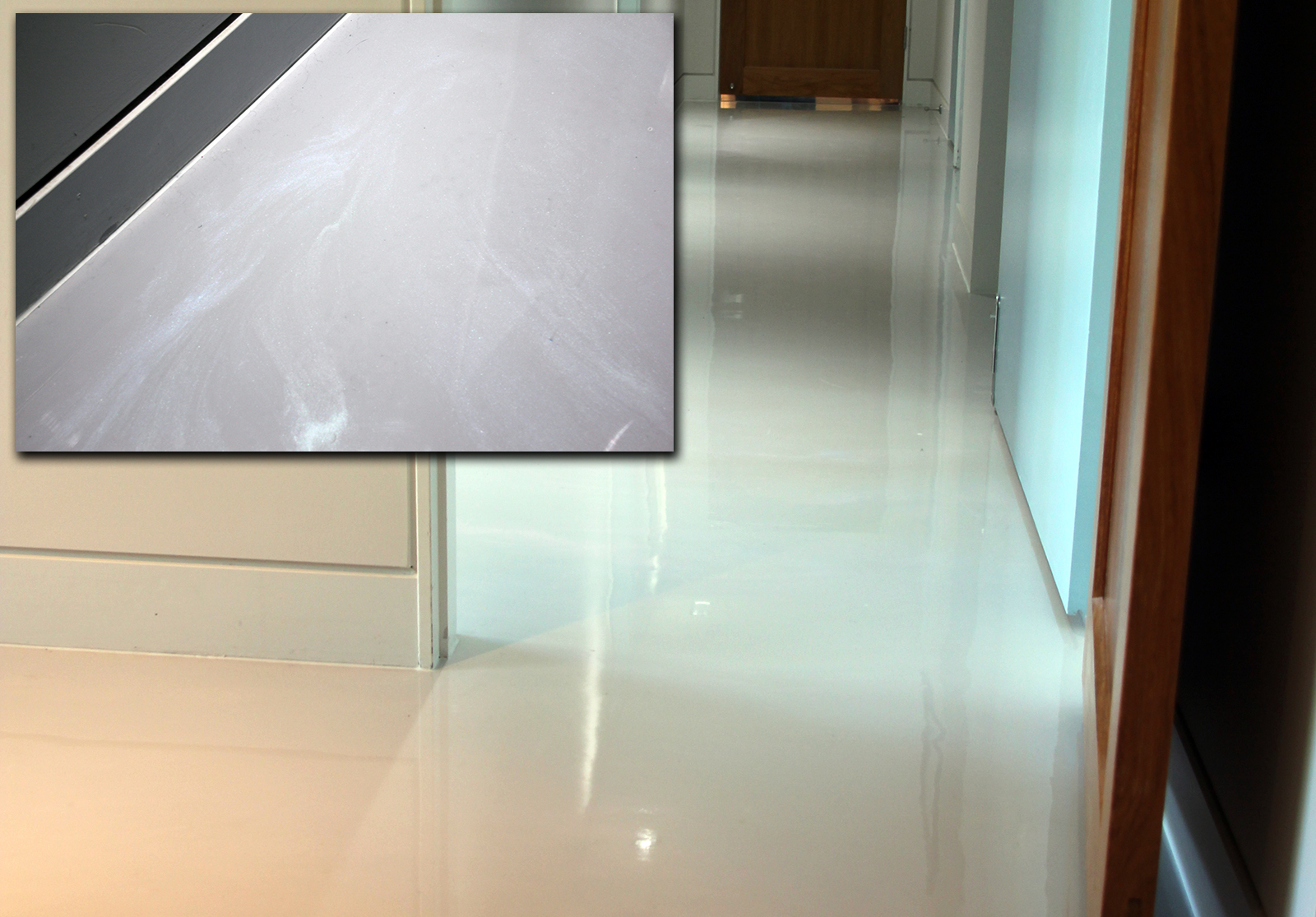 An example of a metallic epoxy floor used instead of a white floor in the bedrooms and hallway of a Brisbane home.