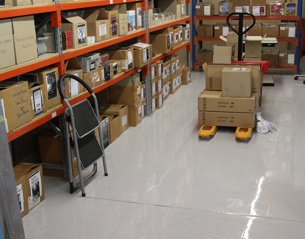 The new protective floor being used in the storage area of the broadcasters building, which had regular traffic from the trolley that was used to move boxes around.