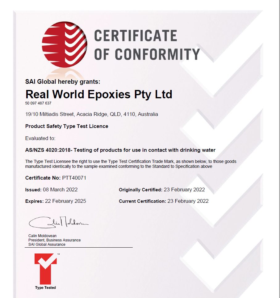 A copy of Real World Epoxies certificate of conformity for products used in contact with drinking water.