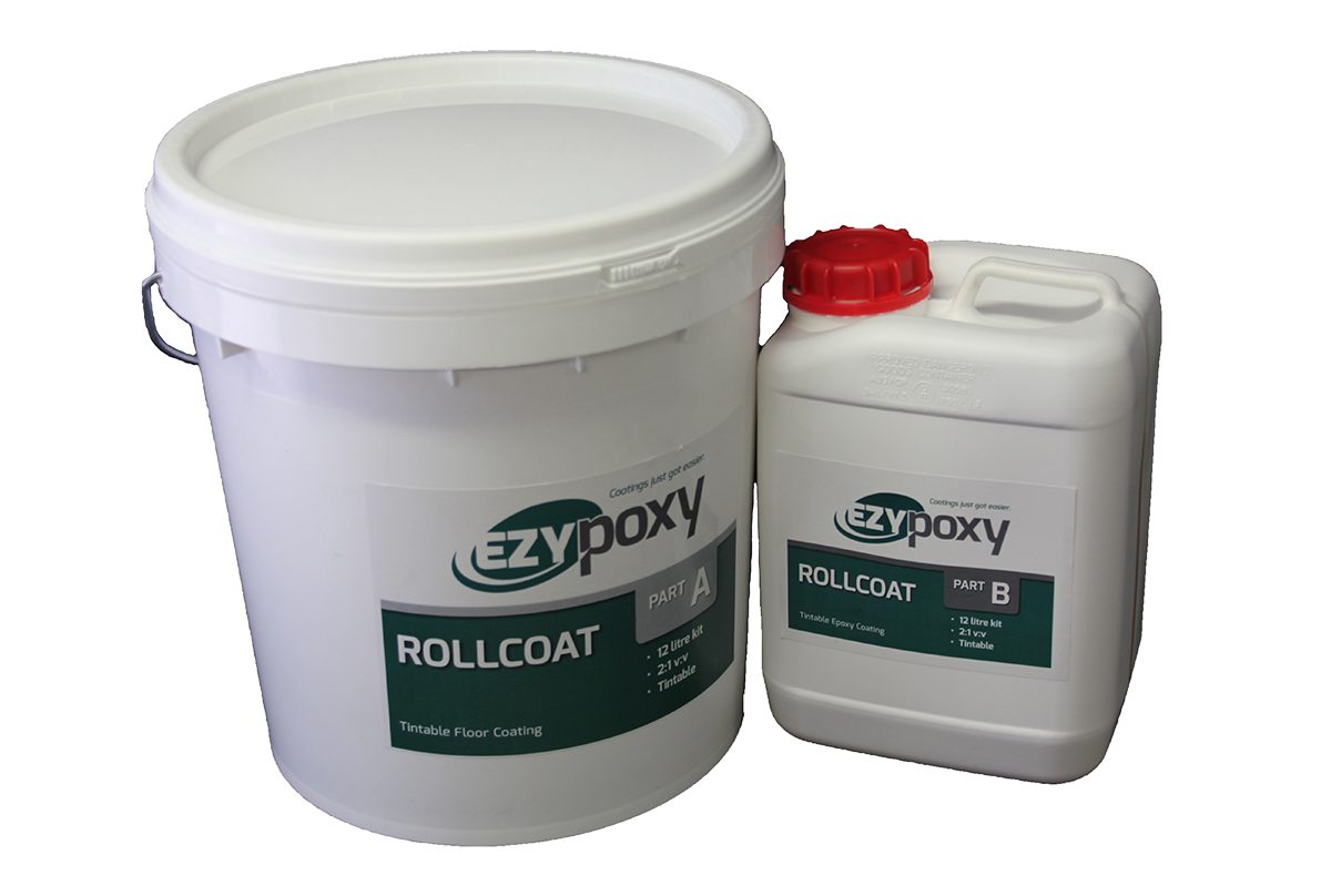 A two-pack epoxy flooring kit, consisting of the Part A and Part B components .